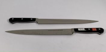 Two ED. Wusthof Dreizack Werk Tranchelard long slicer bolstered 260mm knives (4522) (over 18's only)