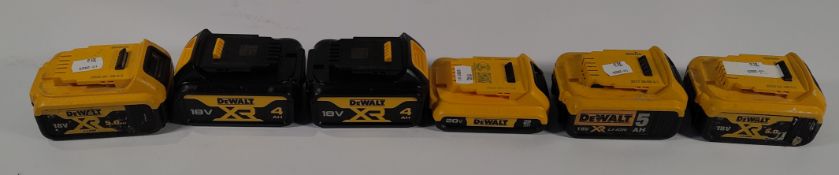 Six pre-owned DeWalt power tool batteries to include 2024 20v 2AH, 2024 18v XR 4AH.
