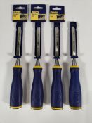 Four as new Irwin Marples all-purpose chisels - 13mm (1/2in) in blue and yellow with metal base (MS5