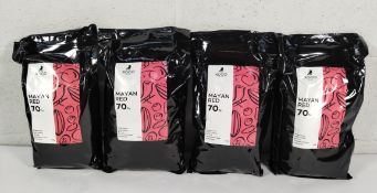 Four as new Xoco Mayan red 70% dark chocolate coins - 2.5kg per bag, red currant, cherry plum, raspb