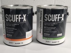 Two tins of as new Benjamin Moore Scuff-X interior acryllic paint for high-traffic areas. 1x 3.72L S