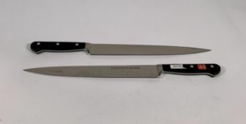 Two ED. Wusthof Dreizack Werk Tranchelard long slicer bolstered 260mm knives (4522) (over 18's only)