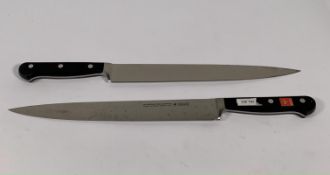 Two ED. Wusthof Dreizack Werk Tranchelard long slicer bolstered 260mm knives (4522) (over 18's only)