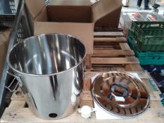 A metal 30kg honey setting tank with lid, boxed.