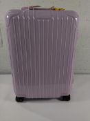 A pre-owned Rimowa pink polycarbonate wheeled suitcase (has some scuff marks).