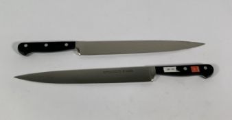 Two ED. Wusthof Dreizack Werk Tranchelard long slicer bolstered 260mm knives (4522) (over 18's only)