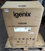 An Igenix under counter 55cm larder fridge in white, boxed (IG255W).