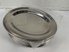 Eighteen stainless steel oval dishes, flat - 355mm (may show signs of long term storage).