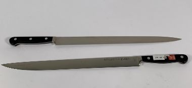 Two ED. Wusthof Dreizack Werk narrow slicer bolstered 320mm knives (4520) (over 18's only).