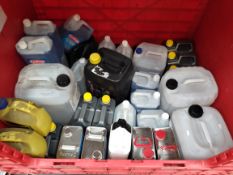 A stillage of assorted liquids and related items to include screen wash, coolant and one coat water