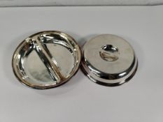 Thirty two stainless steel veg dishes, round, divided along with 38 lids - 25cm/10