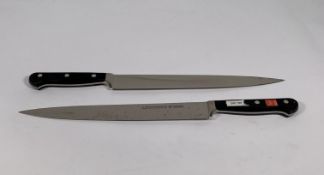 Two ED. Wusthof Dreizack Werk Tranchelard long slicer bolstered 260mm knives (4522) (over 18's only)
