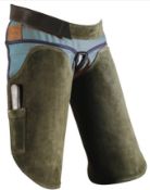 An as new Gibbins Flamemaster Tear-away Short Farrier Chaps - blue polyester with forest green suede