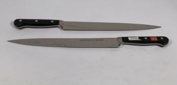 Two ED. Wusthof Dreizack Werk Tranchelard long slicer bolstered 260mm knives (4522) (over 18's only)
