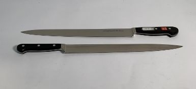 Two ED. Wusthof Dreizack Werk Tranchelard long slicer bolstered 320mm knives (4522) (over 18's only)