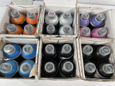 Forty eight assorted as new Loop Colours spray paints, 400ml to include black, white, Sevilla, Utrec