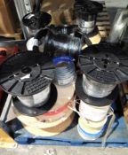 A pallet of assorted electrical reels and related items.