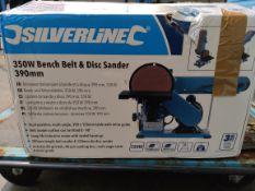 A Silverline 350W bench belt and disc sander 390mm (box unsealed by staff, box slightly damaged).