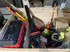 Assorted as new and pre-owned tools, hardware and related (wooden create not included).