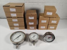 Thirteen industrial pressure gauges - 3 sizes with male connection threads, unit - bar/psi and bar,