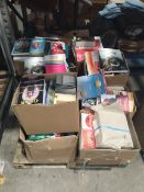 Fourteen boxes of new and pre-owned softcover and hardcover books, conditions vary.