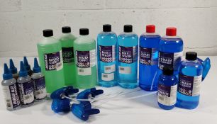 Fourteen bottles of assorted bicycle cleaners and lubricants.
