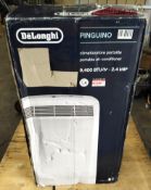 A Delonghi Pinguino silent portable air conditioning unit, 9400 BTU with remote, slight damage to pa
