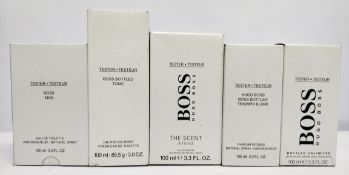 Five nearly new Hugo Boss/Boss eau de parfum/toilette 100ml testers and related, boxed (please note:
