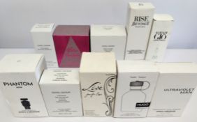 Thirty nearly new perfumes/testers and related to include Lacoste, Paco Rabanne, Elie Saab, Jennifer