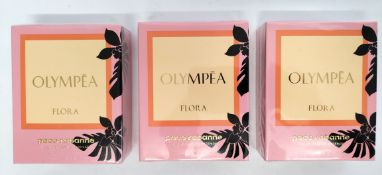 Three as new Paco Rabanne Olympea Flora eau de parfum 50ml bottles, sealed, boxed.