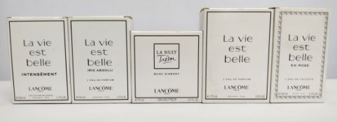 Five nearly new Lancome eau de parfum/toilette various size testers and related, boxed (please note:
