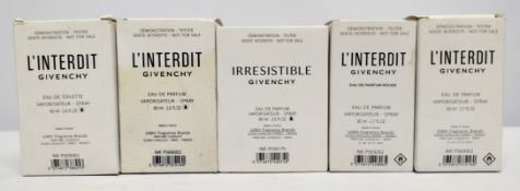 Five nearly new Givenchy eau de parfum/toilette 80ml testers and related, boxed (please note: bottle