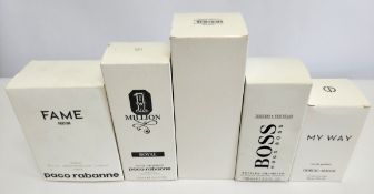 Five nearly new perfumes/testers and related- Paco Rabanne, Hugo Boss, Giorgio Armani and J'Adore Ab