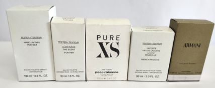 Five nearly new perfumes/testers and related- Lacoste, Paco Rabanne, Marc Jacobs, Hugo Boss and Arma