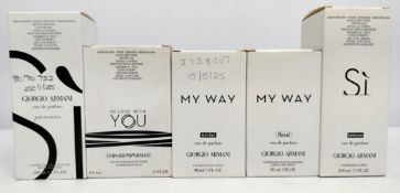 Five nearly new Armani eau de toilette/parfum various size testers and related, boxed (please note: