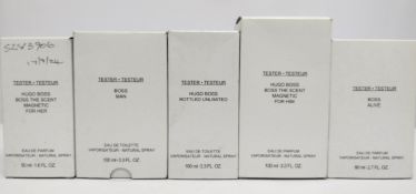 Five nearly new Hugo Boss/Boss eau de parfum/toilette testers and related, boxed (please note: bottl