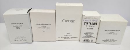 Five nearly new perfumes/testers and related- Marc Jacobs, Lacoste, Givenchy and Calvin Klein, boxed