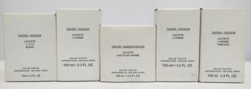 Five nearly new Lacoste eau de parfum/toilette 100ml testers and related, boxed (please note: bottle