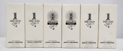 Five nearly new Paco Rabanne eau de parfum/toilette 100ml testers and related, boxed (please note: b
