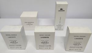 Five Lacoste related perfume testers (some minor damage to packaging) boxed (please note: bottles ma