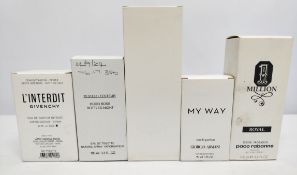 Five nearly new perfumes/testers and related- Hugo Boss, Givenchy, Paco Rabanne, Giorgio Armani and