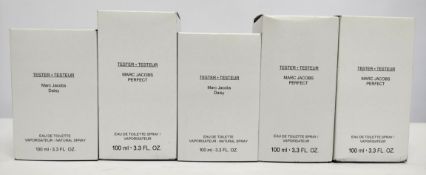 Five nearly new Marc Jacobs eau de toilette 100ml testers and related, boxed (please note: bottles m
