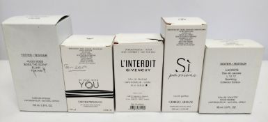 Five nearly new perfumes/testers and related- Hugo Boss, Sauvage, Lacoste, Givenchy and Emporio Arma
