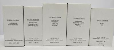 Five nearly new Hugo Boss/Boss eau de parfum/toilette 100ml testers and related, boxed (please note: