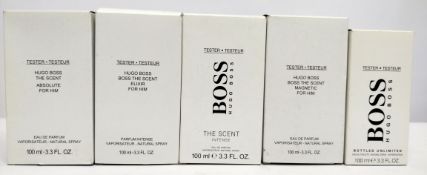Five nearly new Hugo Boss/Boss eau de parfum/toilette 100ml testers and related, boxed (please note: