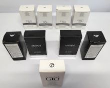 Nine Armani related nearly new perfume testers,various sizes (some packaging may have slight damage)