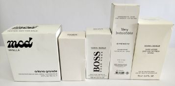 Five nearly new perfumes/testers and related- Ariana Grande, Marc Jacobs, Givenchy, Sauvage and Hugo