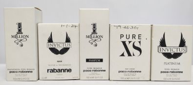 Five nearly new Paco Rabanne eau de parfum/toilette 100ml testers and related, boxed (please note: b