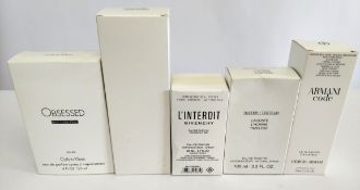 Five nearly new perfumes/testers and related- Calvin Klein Sauvage, Lacoste, Givenchy and Giorgio Ar