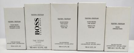 Five nearly new Hugo Boss/Boss eau de parfum/toilette 100ml testers and related, boxed (please note: